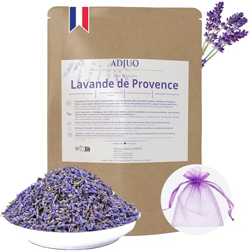 ADJUO, Fleurs de Lavande séchée,Origine Provence, Qualité supérieure, Lavande en Vrac Parfumée Naturelle de Provence, Idéal pour Sachets, Pot-pourri, Décoration et Relaxation, 115G