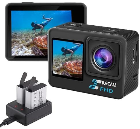 Dual Screen Action Cam 1080P wasserdichte Kamera, 4 x Zoom, 131 Fuß (40 m), wasserdichte Unterwasserkamera mit 2 x 1050 mAh Akku und Multifunktionalem Zubehör