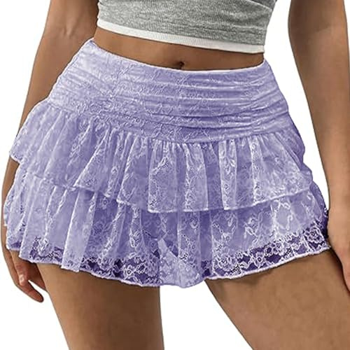 Women's Y2k Lace Layered Mini Skirt Ruched A Line Cute Tiered Ruffle Skirt High Waisted Ruffles Lingerie Short Skirts
