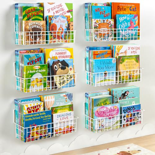 PUERSI 6-Pack Wall Mounted Bookshelf for Kids Rooms, Metal Nursery Shelves
