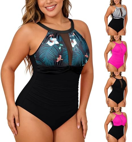 Bikini Rock Bañador Mujer Malla Sexy Abdomen Forma Push Up Cuello Halter Espalda Descubierta Añadir Tamaño con Copas Monokini Swimsuit #Azul XL