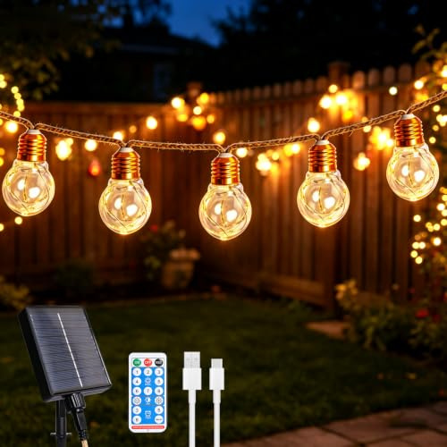 Guirnalda Luminosa Solar Exterior 8M,Guirnalda Luminosa Solar Exteriores con 16 Bombillas,LED Guirnalda Luces Solares con Función de Memoria,para Jardín, Patio, Bodas,Café, Fiesta, Terraza