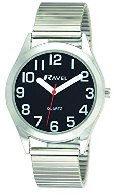 Ravel - Damen-Uhr mit superflachem Sichthilfe-Edelstahl-Expanderarmband mit großen Zahlen und Zeigern - silbernes Ton/schwarzen Zifferblatt