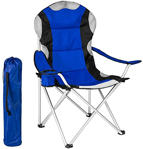 BAKAJI Pliant Camping Chaise Rembourrée avec Sac Camping Mer Chaise Plage De Pêche en Plein Air en Acier Et Polyester avec Porte Compartiment Boissons et Smartphone (Bleu)