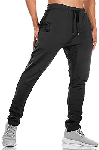BROKIG Mens Gym Joggers Sweatpants, Causal Slim Fit Running Trousers Tracksuit Jogging Bottoms with Double Pockets(Large,Black)
