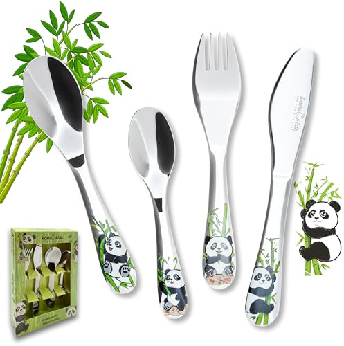 Koru Kids® couverts pour enfants Panda - Fourchette Inox 3 ans - Set Couverts Enfant 4 Pièces - Cadeau Bapteme