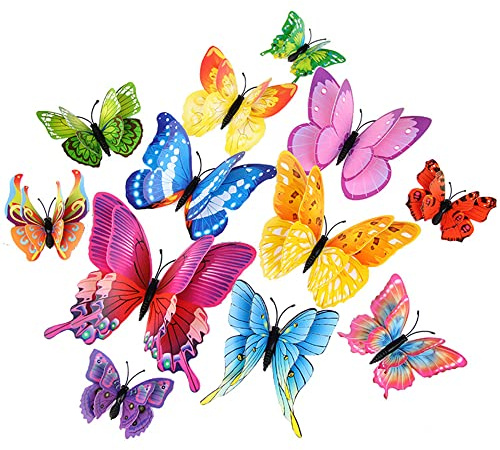 Colorful Butterfly Decoration, BOPART 24Pcs Butterflies Wall Decor 3D Butterfly Decals Stickers, Magnetic Butterflies for Crafts (Mixed of 12 Styles at 4 Sizes in Double Wings)