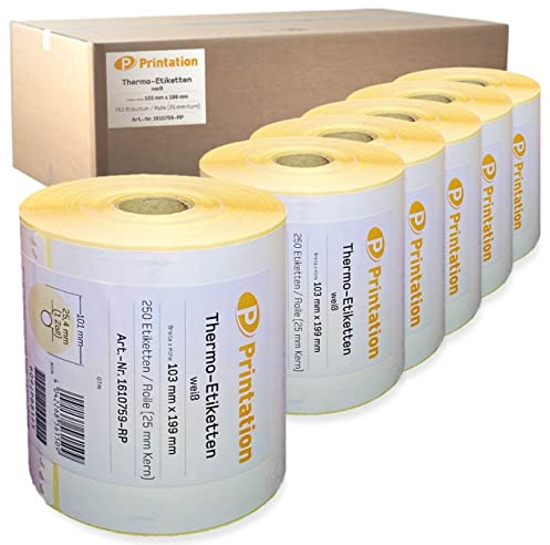 Printation Versandetiketten 103 x 199 mm weiß DHL, DPD, GLS, UPS - 1500 103x199 Thermo Versand Etiketten auf 6 Rollen - 250 Thermoetiketten pro Rolle - Thermodirekt permanent Paketaufkleber Zebra