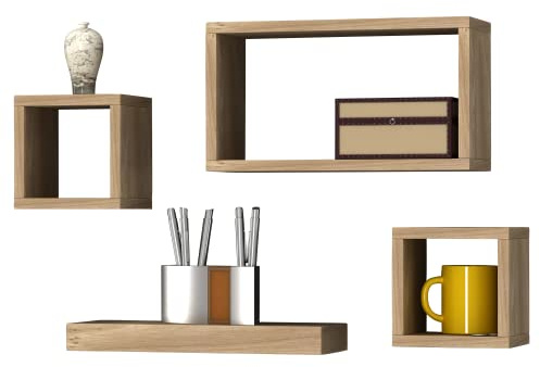 URBNLIVING Natural Oak Finish Floating Wooden Hanging Storage Cube Wall Shelf Shelves Set Home Decor Suspended Shelfing Unit (4 Shelf Set)