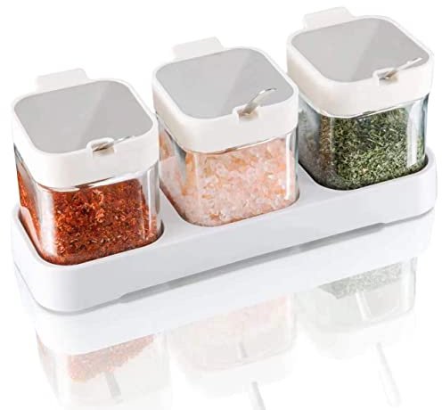 Mlici Sugar and Coffee Container Set, 8.6 oz Spice Containers with Spoon and Stainless Steel Lids, Condiment Jar Spice Container Set of 3 for Storing Salt, Sugar, Tea,White