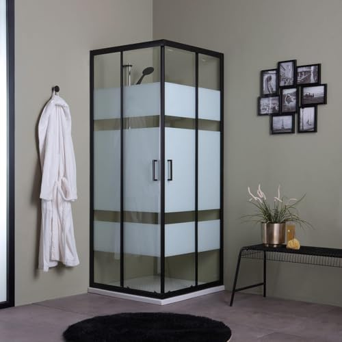 Kiamami Valentina - Cabine de douche carrée 80x80 Verre sérigraphié de 6 mm et profilés noirs mats | City