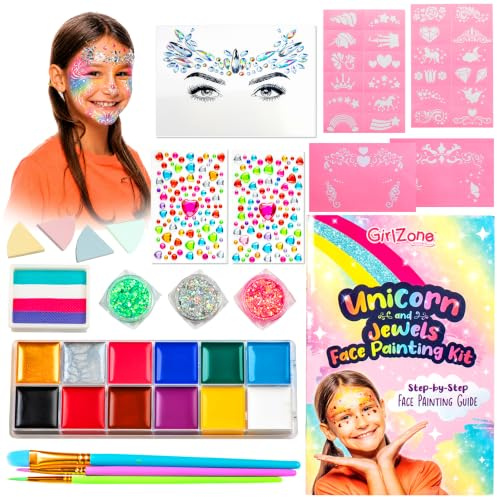 GirlZone Unicorn and Jewels Face Painting Kit, Amazing Face Paints for Children, Gems, Face Paint Brushes, and Face Paint Stencils in 1 Kids Face Paint Set to Create Childrens Face Paints