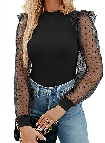 Waymaker Body à Manches Longues et col roulé pour Femme en Maille Transparente à Pois, Noir, Medium