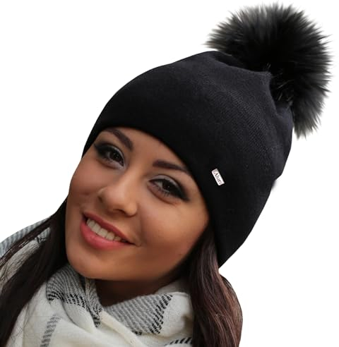 Alur Mütze Damen Beanie Wintermütze Strickmütze mit Bommel - Warme Elastisch Elegant Winter Mütze EKO Bommelmütze - Weiches Garn Stilvoll Universell Warm (Schwarz)