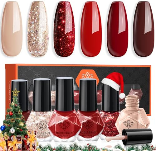 MODELONES Nagellack 6 PCS, Nagellack Schnelltrocknend Rot Nude Glitzer 6 Farben, Nagellack Ungiftig Auf Wasserbasis, Langanhaltender Nagellack für DIY Salon Geschenk für Frauen Mädchen Maniküre Salon