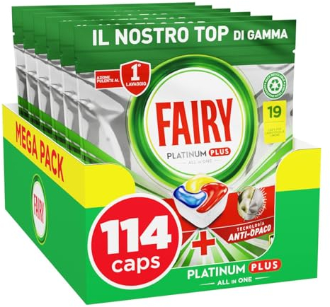 Fairy Platinum Plus Pastiglie Lavastoviglie, 114 Capsule, Limone, Detersivo Con Tecnologia Anti-Opaco, Contro Grasso e Incrostazioni Ostinate Anche nei Cicli Brevi