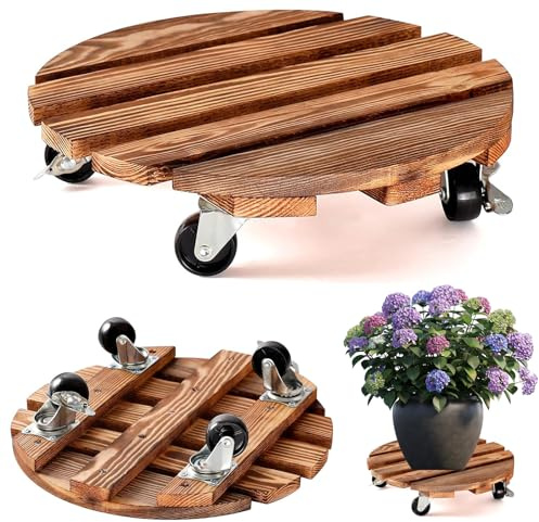 Xinxinphi 2 Unidades Rodillos Plantas con Ruedas Rotación 360 °, Soportes Macetas Redondo 30 x 6,5 cm, Base Flores Redonda Capacidad Carga 80 Kg, Plataforma Rodante para Exterior y Interior (Marrón)