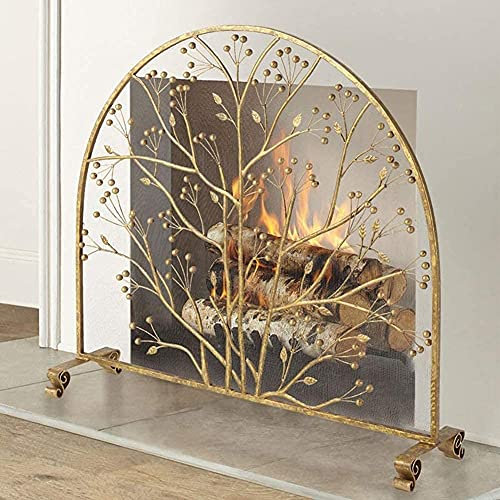 Paravento per caminetto piatto grande con protezione dalle scintille, telaio in ferro battuto massiccio con rete metallica, autoportante, altezza 90 cm, decorazione