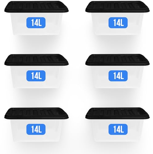 KAPCO Space-Saving Containers - Small 14 Litre Stackable Storage Boxes with Lids (6-Pack) | Clear Plastic Boxes for Home Organization - Ideal for Craft, Shoe, Toys and Kitchen Essentials | 14 Litre