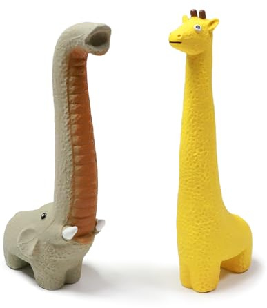 TONGKTAI Interaktiva hundleksaker, pipig mjuk latex husdjursleksak för små medelstora hundar, [2-pack] söta gnisslande valpleksaker (grå elefant + gul giraff)