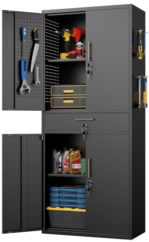 Aobabo Metall-Aufbewahrungsschrank mit 5 Stecktafeln und 2 Schubladen, 180 x 76 x 38 cm, abschließbarer Stahl-Werkzeugschrank für Garage, Lager, Montage erforderlich (W-1 Schublade, Schwarz)