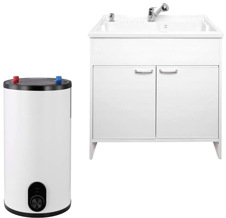 SIGO – genomströmningsvärmare-set, elektronisk kompakt boiler med badrumsskåp, handfatarmatur och dispenser, kontor, verkstad, fritidshus, butik, serviceutrymmen – 10 l