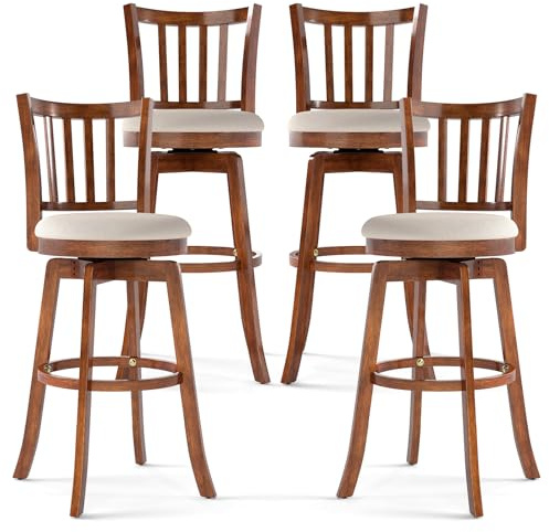 COSTWAY 30.5” Barstools Set of 4, 360° Rotating Bar Height Chairs with Backrest & Upholstered Seat, Rubber Wood High Top Seats with Footrest for Dining Room, Kitchen Island (4,30.5)