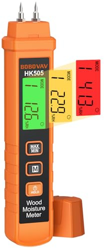 BOBOVAV Wood Moisture Meter - Pin Type, Portable 7-Material Calibration & 3-Color Alert, 0.0-58.0% Range ±2.0% Accuracy for Wood Logs Drywall Firewood Concrete Walls - Prevent Deformation & Peeling