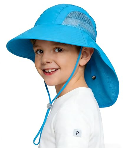 Kids Sun Hat UV Protection Summer Beach Hats with Neck Flap Wide Brim Bucket Hat for Boys Girls Age 6-12 Blue