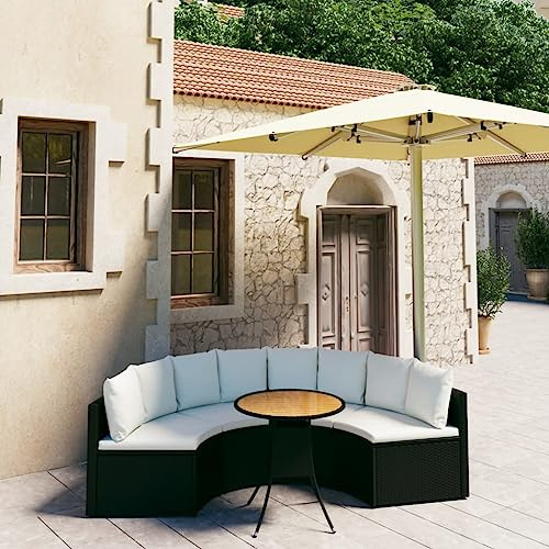 Kaloriko Ensemble de 5 canapés de jardin en polyrotin noir avec coussins, table en bois d'acacia 70 x 73 cm, forme éventail, pour terrasse, balcon, meubles d'extérieur