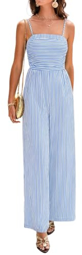 CUPSHE Mono de verano para mujer, con tirantes finos, a rayas, sin mangas, piernas anchas, traje de ocio, elegante, azul, M