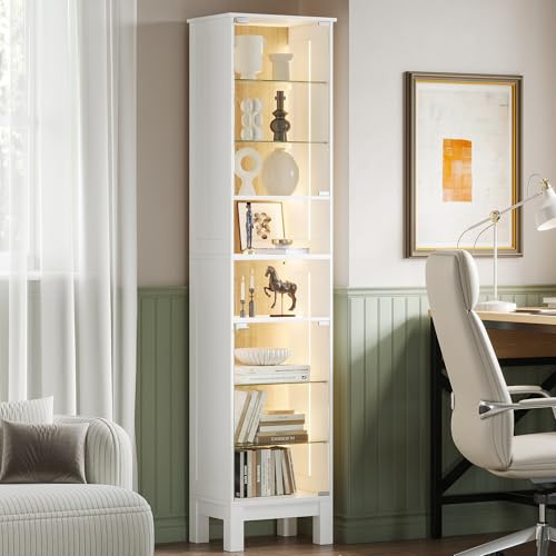 ZKIODV 180cm Vitrina de Cristal LED, Estrecha Armario Vitrina con 8 Estantes, Puerta de Vidrio Templado, Balda Ajustable y Desmontable, Moderna Vitrina para Salón Baño (Blanco)