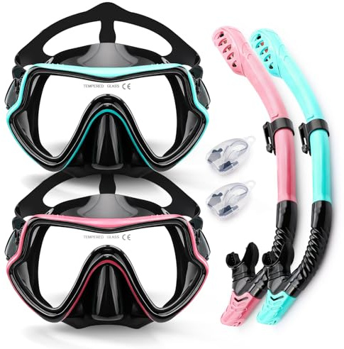 Vogista Dry Top Snorkel Set Adults, 5-in-1 Snorkeling Gear for Adults with Anti-Fog and Anti-Leak Tempered Glass, Snorkel Set with 180° Panoramic Wide View Scuba Mask Diving Goggles