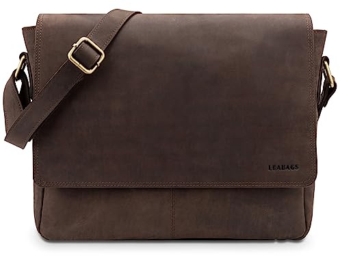 LEABAGS Borsa a Tracolla in Pelle per Uomo e Donna | Borsa per Laptop in Vera Pelle fino a 14 Pollici | Messenger Bag con Tracolla | Borsa da Lavoro, Trasporto e a Mano | Marrone Scuro Naturale