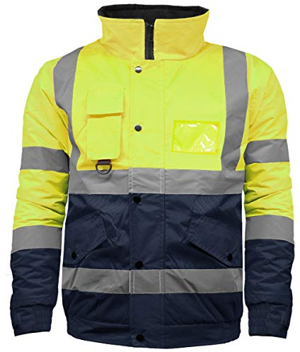 High Visibility Safety Security Reflective Protective Waterproof Workwear Bomber Jacket Fluorescent (M, Yellow/Navy)