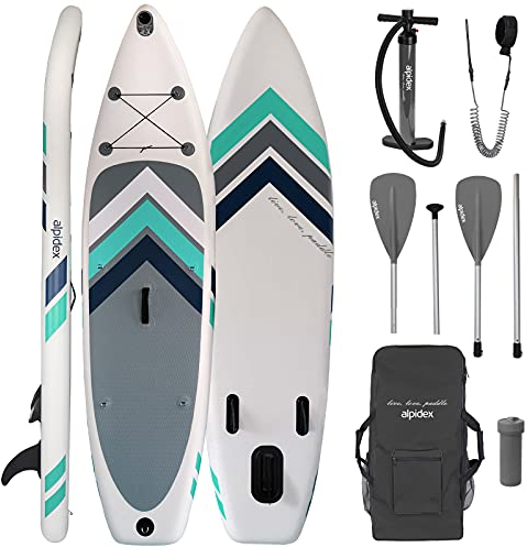 ALPIDEX Stand Up Paddle Set SUP 305 x 76 x 15 cm Belastbar bis 150 kg Aufblasbar Stabil Leicht Komplett Set Tragetasche Paddel Finnen Luftpumpe Leash Repair Kit, Farbe:White