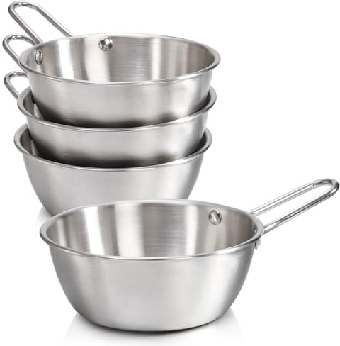 Acshio Paquete de 4 cuencos de vino tradicionales coreanos, cuencos Makgeolli de acero inoxidable 18/8 con asa, cuenco redondo de arroz, copa de vino, plato de sopa de senderismo plateado para picnic,