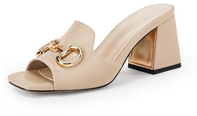 gihubafuil Women's Sandals Peep Toe Slides Chunky Heel Mules Single Band Comfort Slip-on Shoes with Metal Chain for Spring Summer, Nude, 7 UK