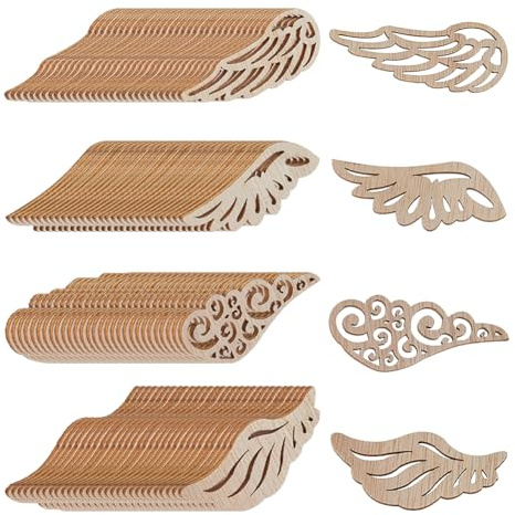 SUPERFINDINGS 120Pcs 4 Styles Christmas Wood Angel Wings Handmade Wooden Wings Chip Feathered Unfinished Wood Chip Crafts for DIY Decorative Wall Art Cutouts Gift Life Tree Ornament