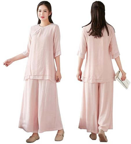 DAYKET Tuta da Donna per Arti Marziali, Uniforme da Tai Chi in Cotone e Lino, Manica Media, Tuta da Kung Fu per Esercizi Mattutini, Meditazione Zen,Pink-M