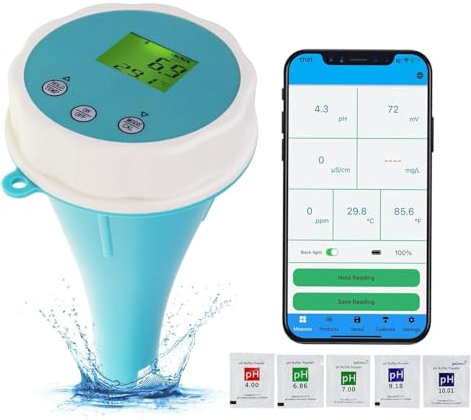 Testeur de qualité de l'eau Bluetooth 6 en 1 pour pH, ORP, EC, TDS, température et chlore – Thermomètre flottant WiFi étanche pour piscine hydroponique, jardin, piscine, aquarium