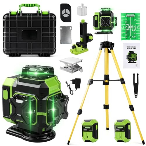 Uadme Livella Laser Autolivellante 360 x 4, Precisione ± 1 mm/5 m, 4D 16 Linee Livello Laser con Treppiede, Laser Verde, Visibilità Eccezionale a 25 m, Supporto Rotante, 2 x 3600mah Batteria(Verde)