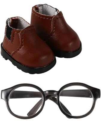 Mikovivi Scarpe da Bambole Set, Elegante Mini Scarpe et Occhiali da Bambola per Decorazioni di Calzature e Occhiali per Bambole di Peluche de 17cm de Abbinare a Diversi Abiti (Marrone)