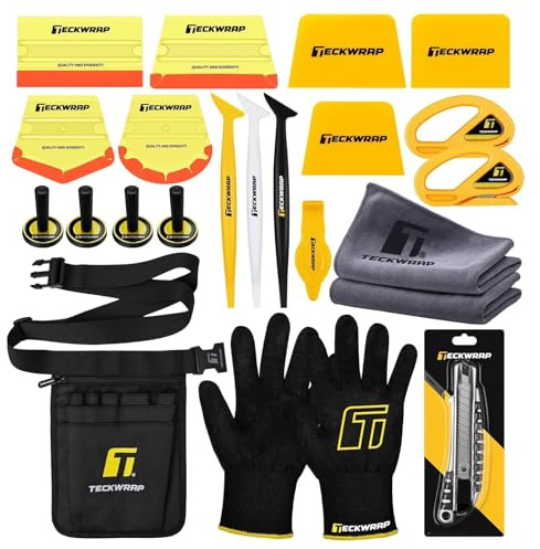 TECKWRAP Lot de 22 Outils en Vinyle pour Voiture - Raclette, Couteau, Cutter de sécurité, Gants Anti-coupures, aimants et Pochette à Outils pour Emballage de véhicule