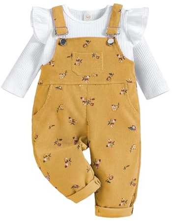 QUNERY Baby Girls Clothes Rib Knit Long Sleeve Tops Floral Suspender Pants with Pocket Outfits sets