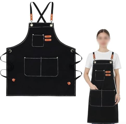 Delantal de chef con bolsillos grandes, impermeable, con espalda cruzada, material de lona ajustable con remaches reforzados de metal, adecuado para uso culinario y artesanal