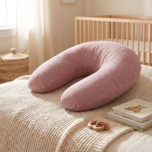 Babysom - Coussin de Maternité 3 en 1 : Grossesse, Allaitement & Repos Bébé - Housse en Double Gaze de Coton Premium - Déhoussable et Lavable - Microfibres Silencieuses - Design Élégant Fuchsia - XXL