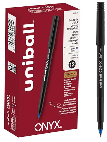 Uni-Ball® Onyx® Rollerball Pens, Micro Point, 0.5 mm, Black Barrel, Blue Ink, Pack Of 12