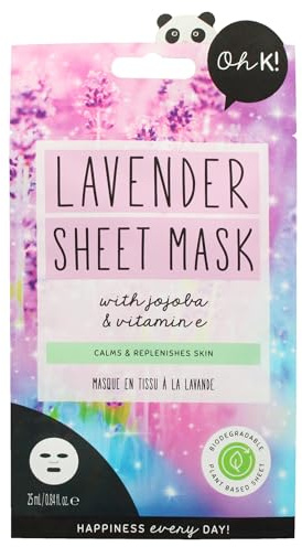 Oh K! Lavender Sheet Mask for Sensitive Skin, With Added Chamomile Extract, Soothing and Hydrating, Biodegradable, Vegan and Cruelty Free, 33g