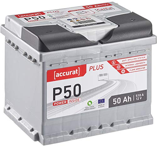 Accurat Plus P50 Autobatterie - 12V, 50Ah, 510A, zyklenfest, wartungsfrei, 35% mehr Startleistung, Ca-Technologie, Kaltstartkraft - Starterbatterie, Nassbatterie, Blei-Säure Batterie